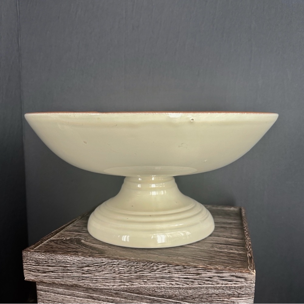 Vintage Ceramic Pedestal Bowl. Made In Italy SRL. Ivory Glaze. Red Rim Accent